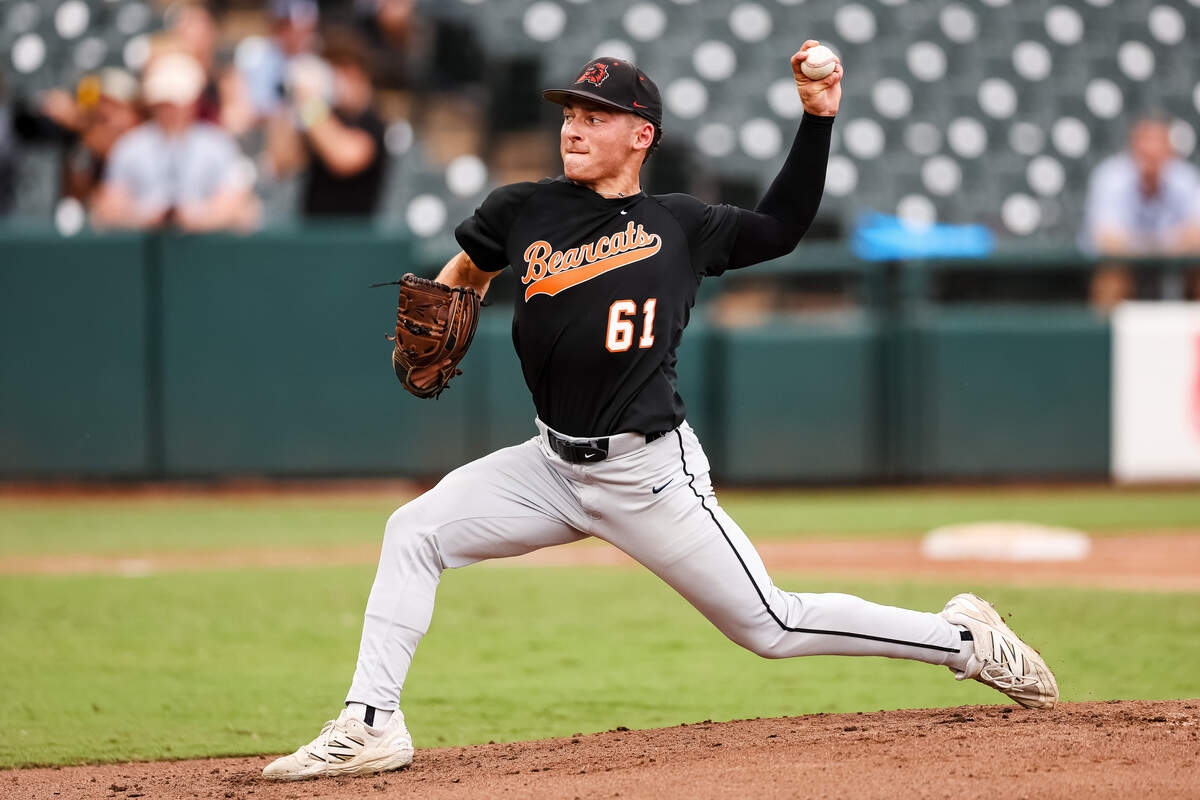Aledo pitcher Lucas Nawrocki (61) throws a pitch against Montgomery Lake Creek in the UIL Class 5A Division I baseball state championship game on Friday, June 5, 2026, at Dell Diamond in Round Rock, Texas.