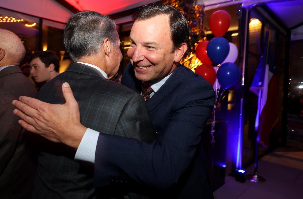 State Rep. Craig Goldman greets supporters as he waits for election results on Tuesday, Nov. 5, 2024, at the Crescent Hotel in Fort Worth. Goldman defeated Trey Hunt in the race for Texas’ 12th Congressional District.