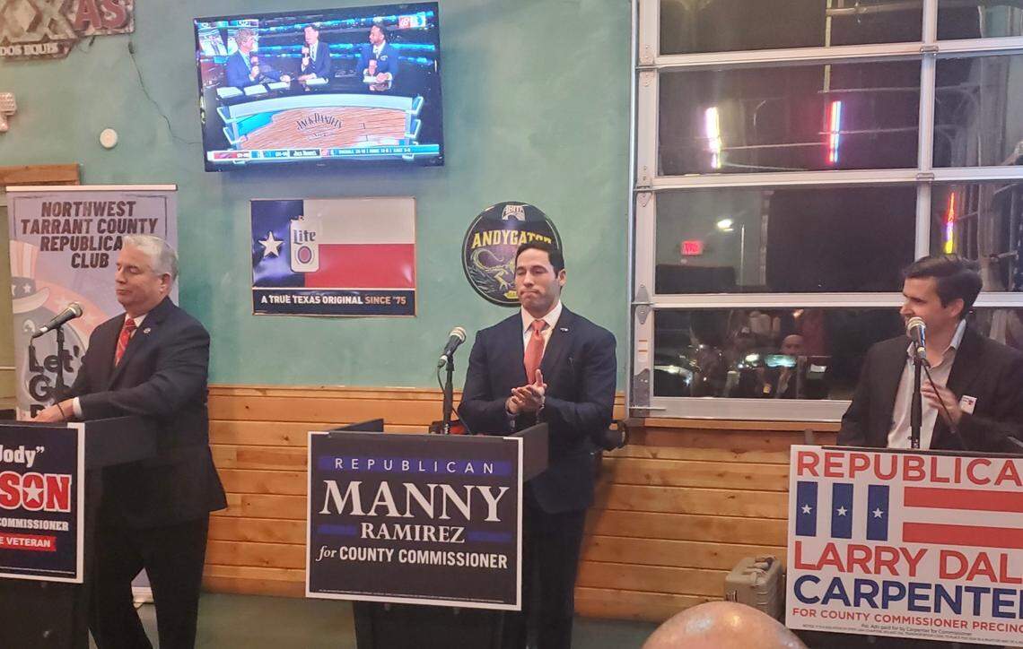 From left: Republican candidates for Commissioners Court Precinct 4 Joe D. “Jody” Johnson; Manny Ramirez; and Larry Dale Carpenter at a forum on Wednesday, Jan. 19, 2022 at Boo Ray’s of New Orleans in Fort Worth.