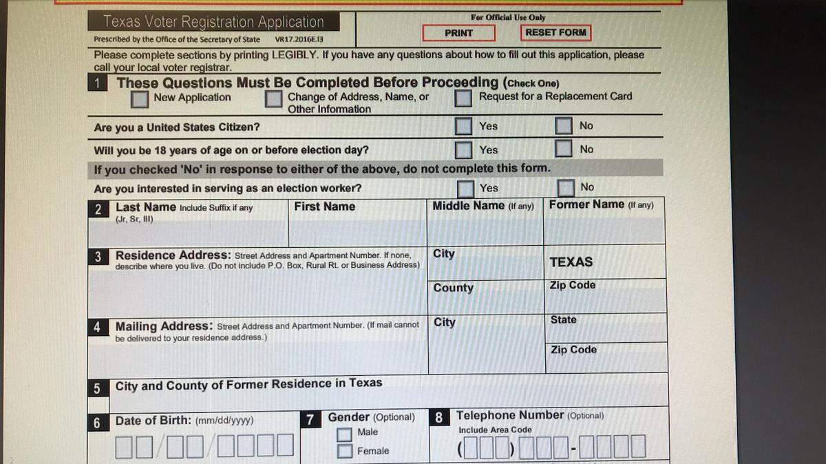 Voter registration forms can be found at the Tarrant County Elections Administration, 2700 Premier St.; and at subcourthouses, city halls, libraries and post offices. They must be dropped off at the election office or clearly postmarked by Oct. 9.