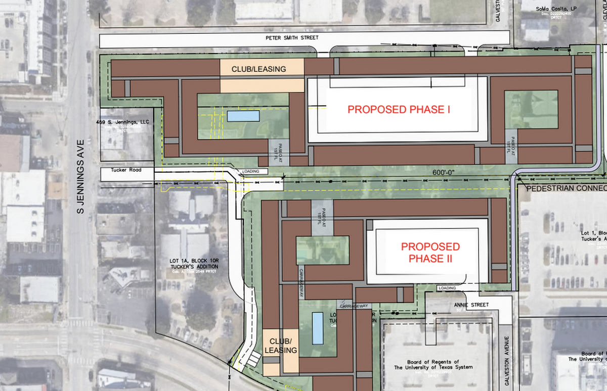 Developer Ojala Partners has proposed a large redevelopment of Siddons Place, an affordable housing complex in Fort Worth’s Near Southside. This rendering shows one possible configuration.