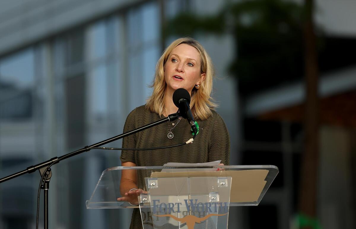 Fort Worth Mayor Mattie Parker speaks during a vigil for the Hill Country flood victims on Monday, July 14, 2025, at Fort Worth City Hall.
