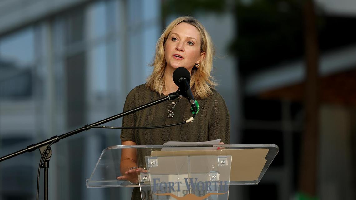 Fort Worth Mayor Mattie Parker speaks during a vigil for the Hill Country flood victims on Monday, July 14, 2025, at Fort Worth City Hall.