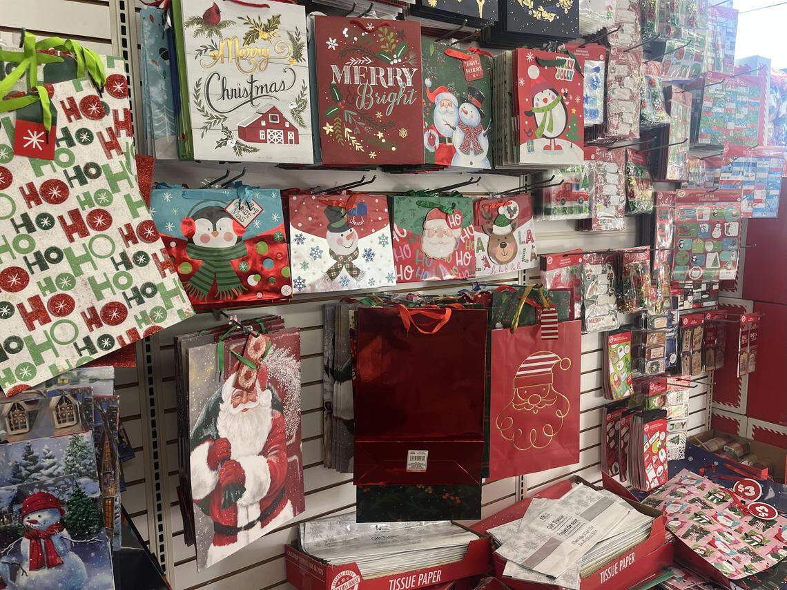 Gift wrap selection at Dollar Tree in Fort Worth on Nov. 18, 2025.