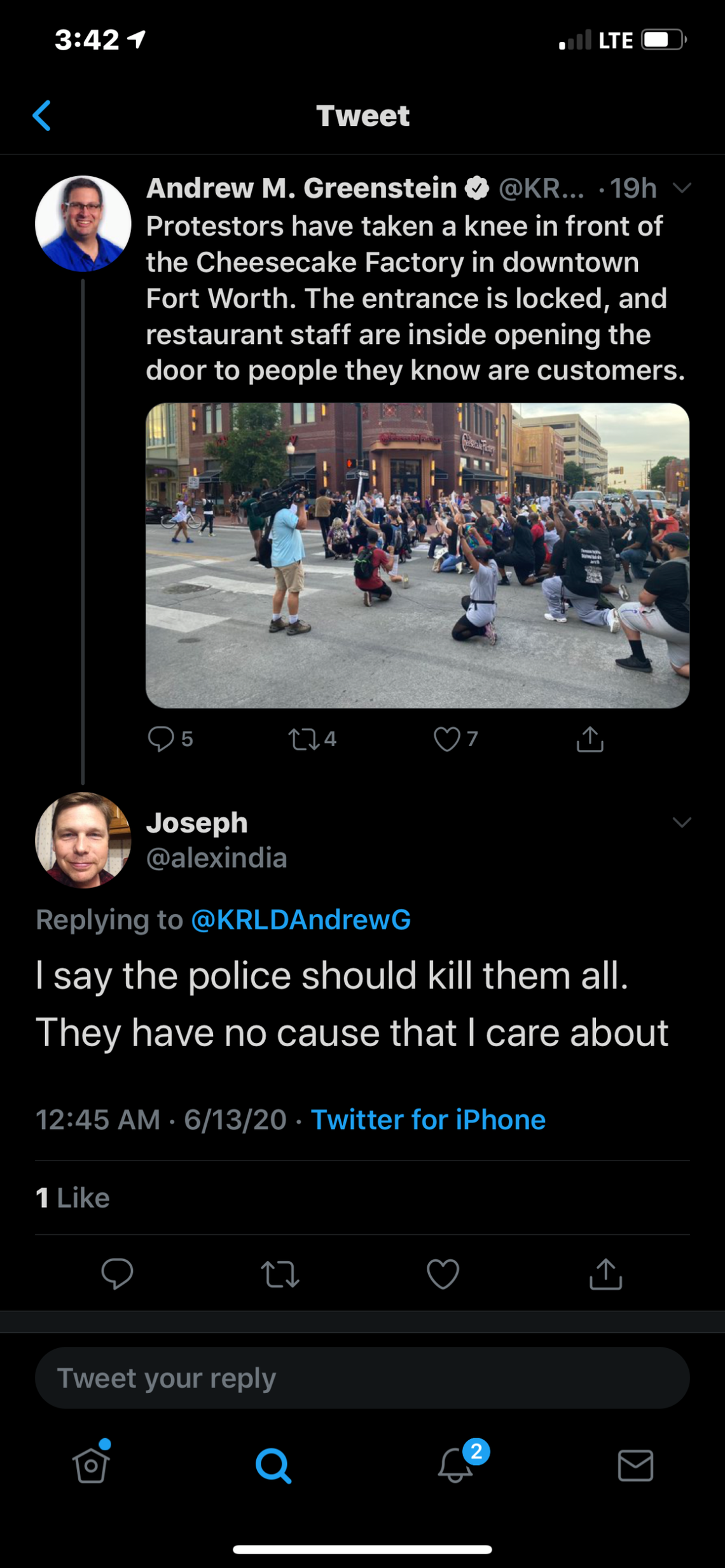 Joseph Edgar Parris says in response to a June 13 tweet about protesters in Fort Worth that “I say the police should kill them all.” The TCU alum has expressed similar antagonistic sentiments on Twitter, like police should bring hoses back.