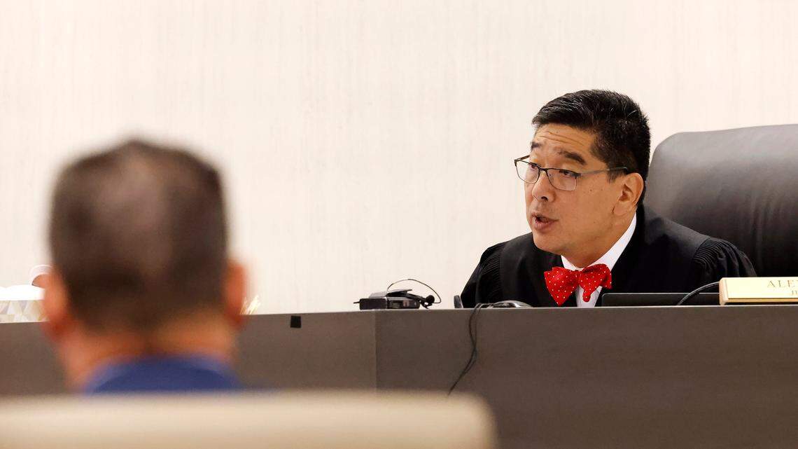 323rd District Judge Alex Kim reads the jury's sentence on Thursday, September 21, 2023, of the teenager who fatally shot another student at Arlington's Lamar High School. The teen received the maximum sentence of 40 years.