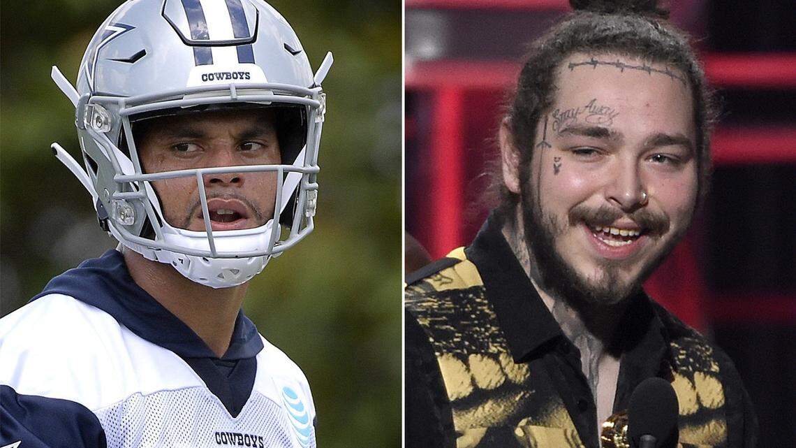 Cowboys quarterback Dak Prescott and rapper Post Malone are pictured in this composite photo.