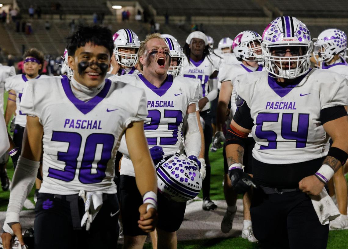 Paschal full back Austin Kennemer (23) screams with joy after they secured a playoff spot after a District 4-5A Division 1 football game at Herman Clark Stadium in Fort Worth, Texas, Thursday, Oct. 24, 2024.