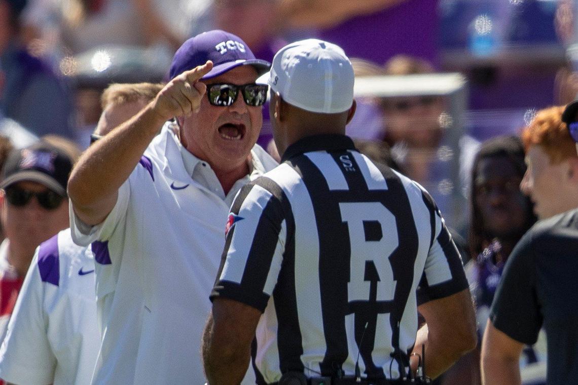TCU head coach Sonny Dykes reacts to a referee call during their game against OU at the Amon G. Carter Stadium in Fort Worth, Texas, on Saturday, Oct. 1, 2022.