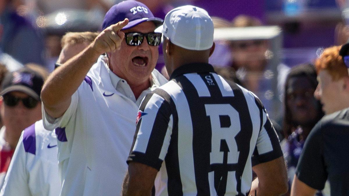 TCU head coach Sonny Dykes reacts to a referee call during their game against OU at the Amon G. Carter Stadium in Fort Worth, Texas, on Saturday, Oct. 1, 2022.