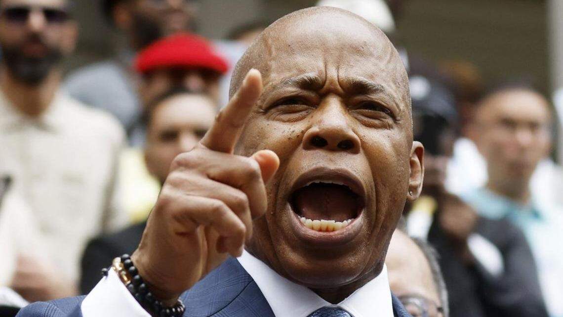 New York City Mayor Eric Adams speaks at a June 25, 2025, campaign event on the steps of City Hall.
