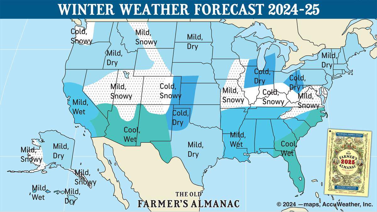 The Old Farmer’s Almanac’s extended winter weather forecast for 2024-2025.