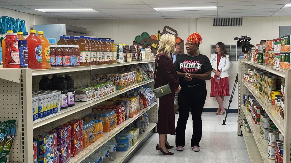 Alisha Odom, left, with Mayor Mattie Parker discussing the Chaparral THRIVE Market at O.D. Wyatt High School, which will be expanded to help the surrounding community through a grant from the No Kid Hungry Campaign of Share Our Strength.