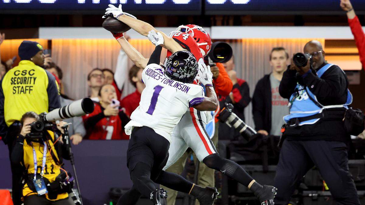 TCU cornerback Tre’Vius Hodges-Tomlinson breaks up a catch intended for Georgia wide receiver Ladd McConkey at the 2023 College Football Playoff National Championship. Georgia reveled its championship ring design on social media on Tuesday.