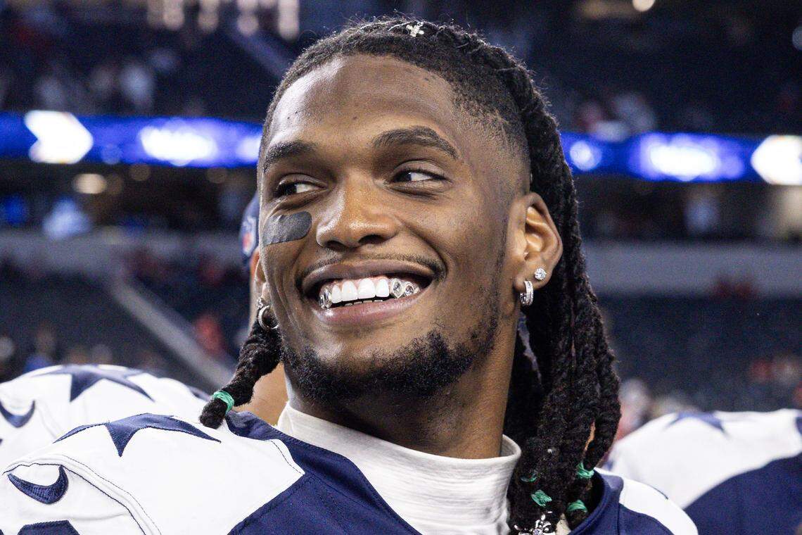 Cowboys wide receiver CeeDee Lamb (88) celebrates with the ceremonial turkey leg on Thanksgiving after winning an NFL game between the Dallas Cowboys and the Kansas City Chiefs at AT&T Stadium in Arlington on Thursday, Nov. 27, 2025. The Cowboys won 31-28.
