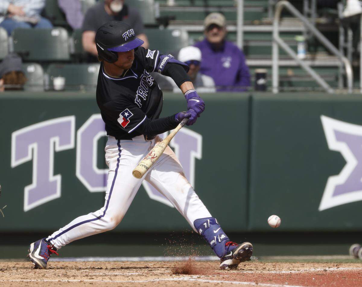 TCU infielder Cole Cramer (7) gets a hit against New Mexico State during an NCAA baseball game at Lupton Field at TCU in Fort Worth, Texas, Tuesday, March, 17, 2026.