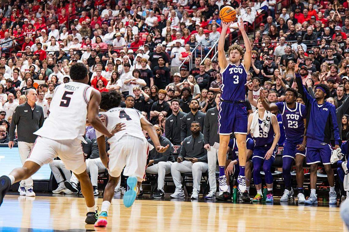 LUBBOCK, TEXAS - MARCH 03: Liutauras Lelevicius #3 of the TCU Horned Frogs shoots a three-pointer during the second half of the game against the Texas Tech Red Raiders at United Supermarkets Arena on March 03, 2026 in Lubbock, Texas. (Photo by John E. Moore III/Getty Images)
