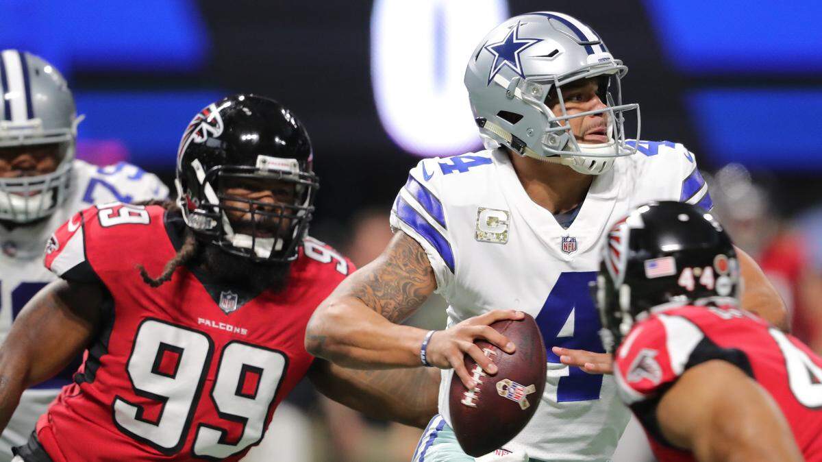 Dallas Cowboys quarterback Dak Prescott has not been the same since he was sacked eight times, including six by the Falcons’ Adrian Clayborn, left, in the Cowboys’ 27-7 loss in Atlanta on Nov. 12, 2017. He has a chance to get his mojo back with a return trip to Atlanta on Sunday.