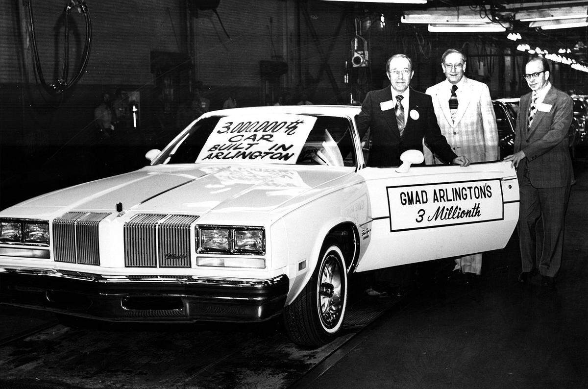 1976: The 3 millionth car, an Oldsmobile Cutlass, rolled off the assembly line at General Motors in Arlington. From left are Robert Cook, GM vice president and general manager of Oldsmobile; Charles Katko, vice president and general manager of GM Assembly, and Everett Siegele, manager of the Arlington plant.