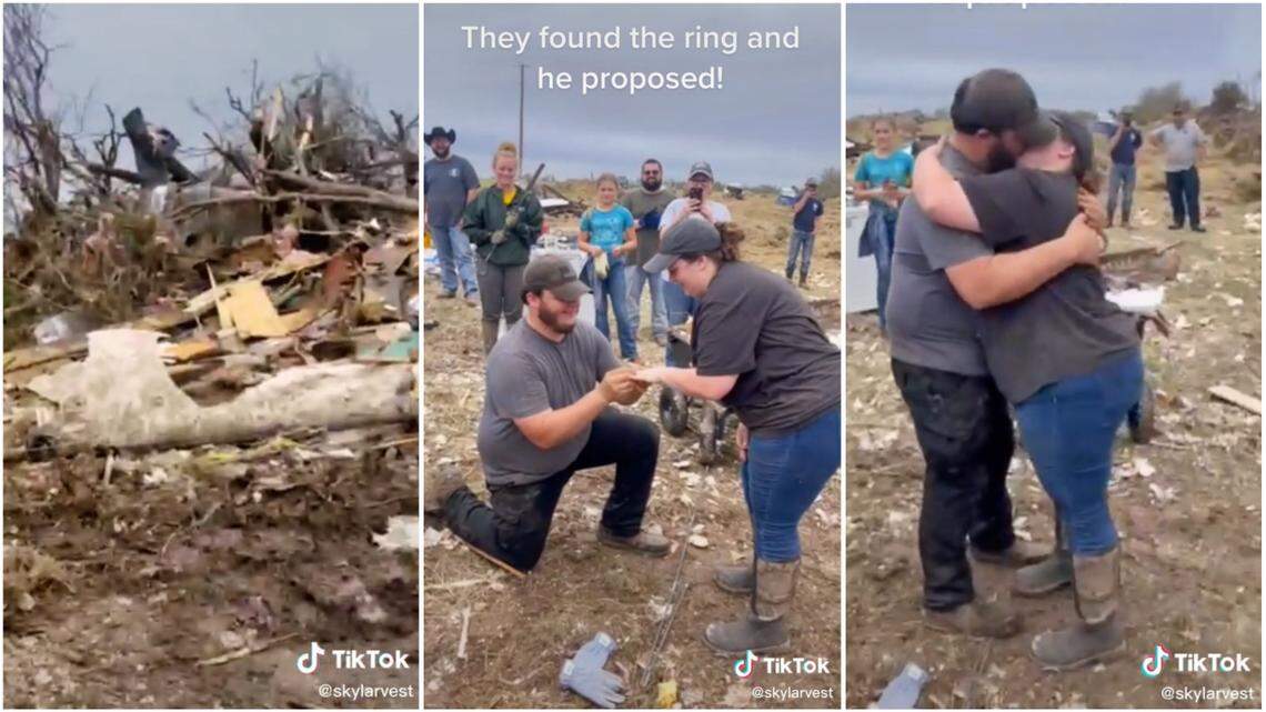 A couple in Paris, Lamar County, lost their engagement ring when a tornado hit, but a softball team’s help led to a proposal, video shows.
