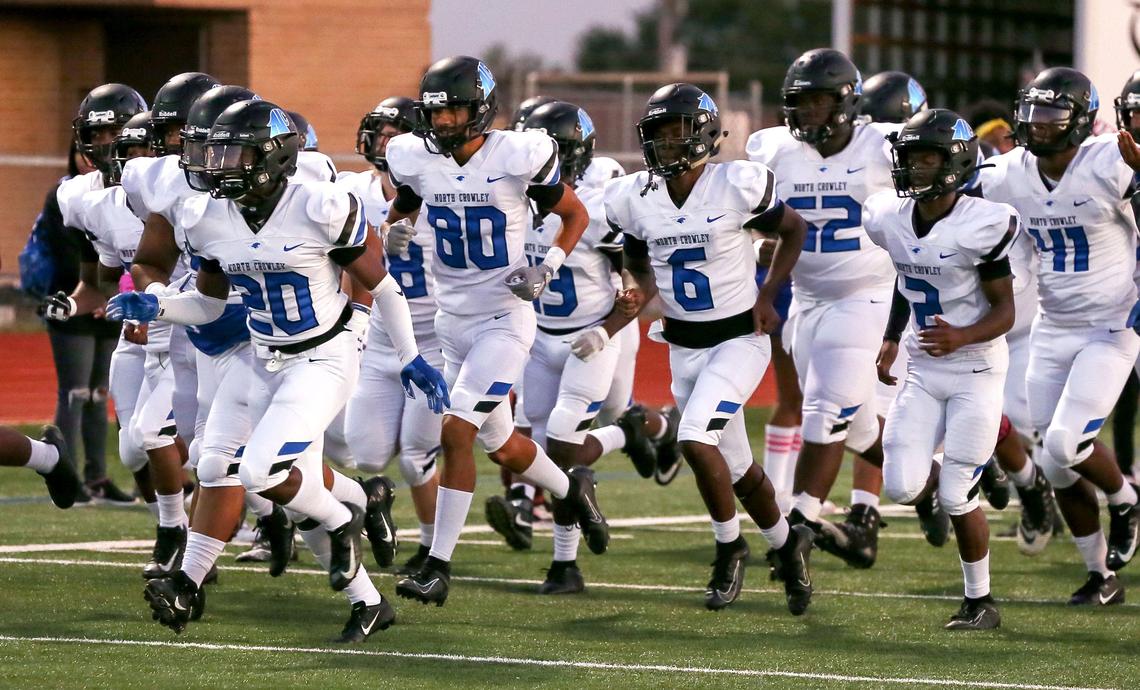 The North Crowley Panthers enter the field to face Sam Houston, Thursday night, October 17, 2019 played at Wilemon Field in Arlington, TX.