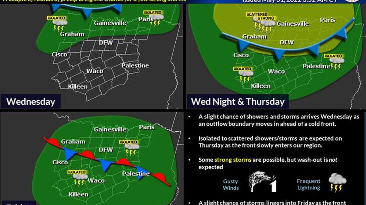 Storms and showers are possible Tuesday to Friday, with the highest chances on Thursday.