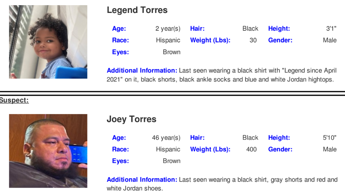 San Marcos police are looking for 2-year-old Legend Torres, and the suspect in his abduction, 46-year-old Joey Torres.