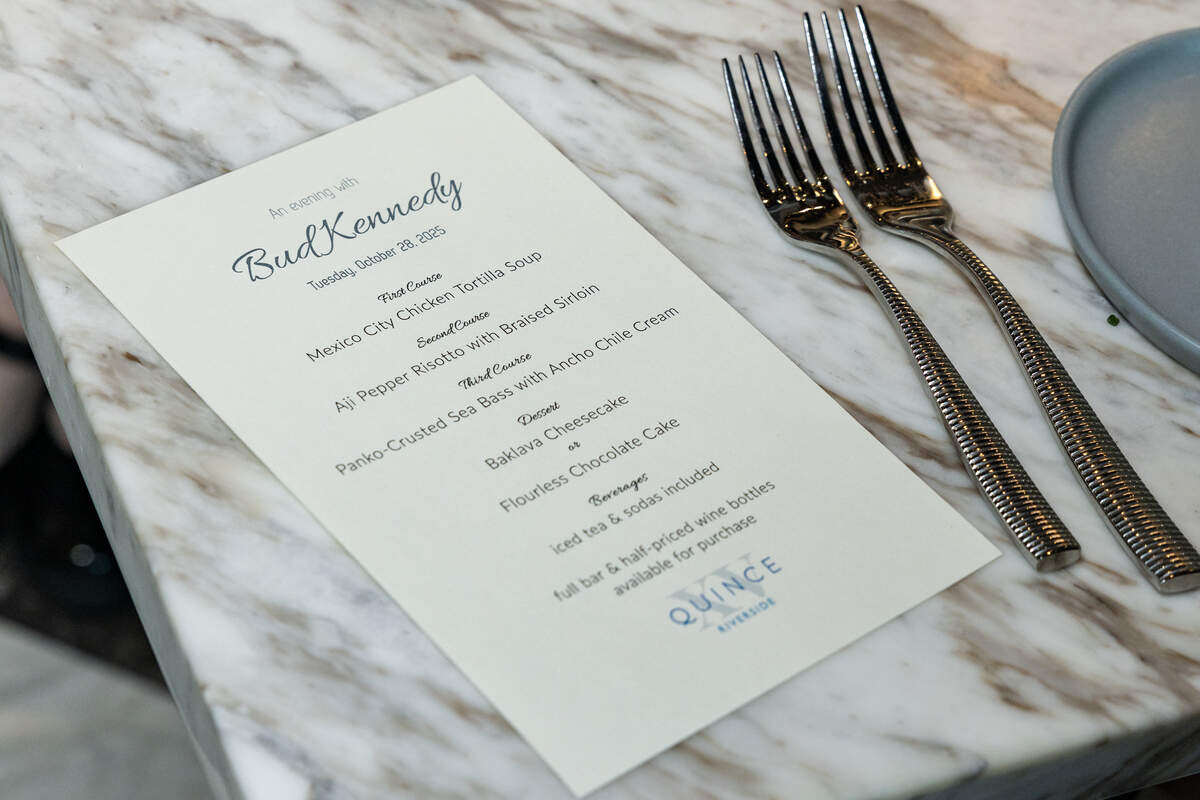The menu at the Eats Beat Dinner with Bud at Quince in Fort Worth on Tuesday, Oct. 28, 2025.