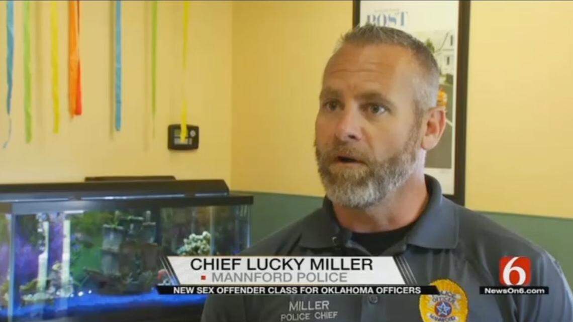 A police officer is accused of killing Mannford, Oklahoma Police Chief Lucky Miller in a Pensacola Beach, Florida, hotel, police say. Screengrab from KOTV.