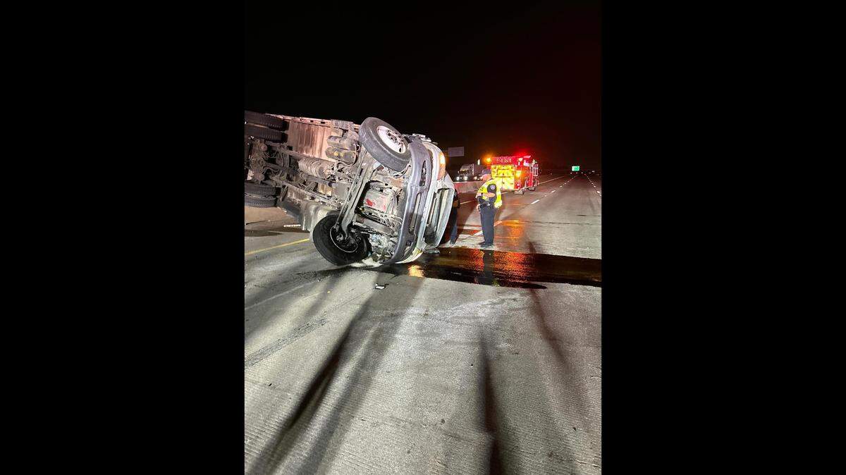 A photo of the accident showing a flipped vehicle that caused a highway in Westlake to close.