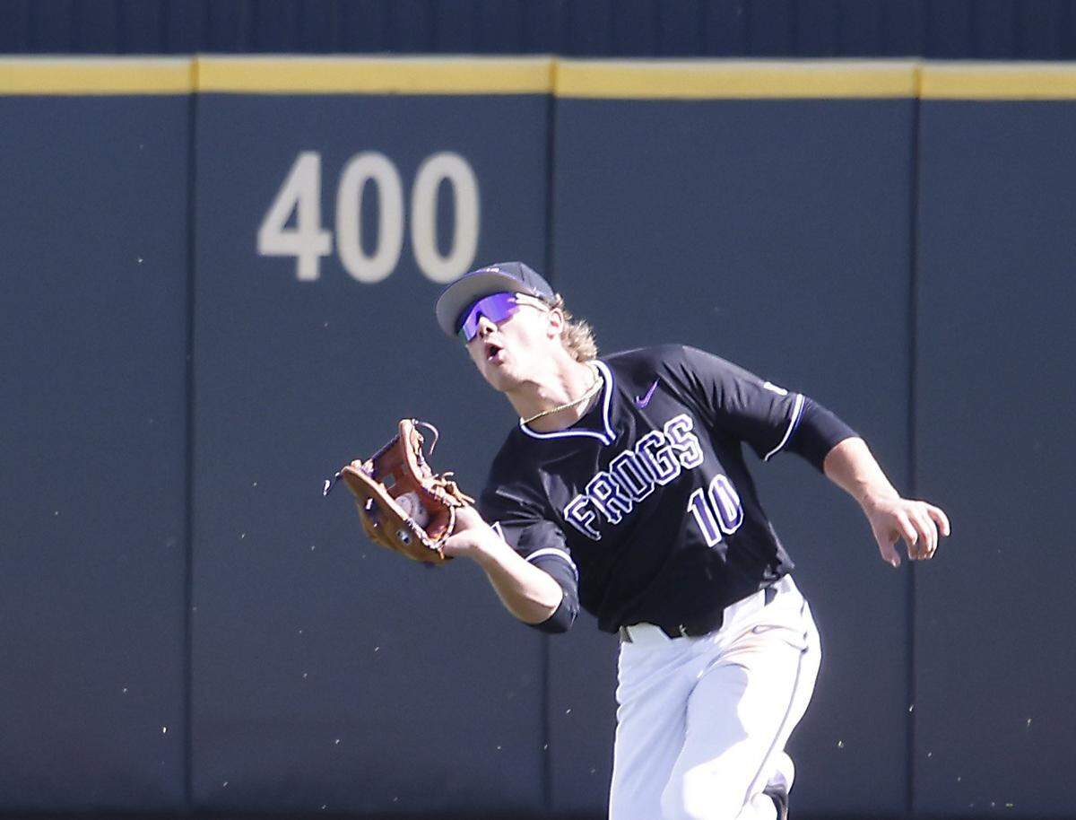 TCU center fielder Sawyer Strosnider (10) makes a deep center field catch against New Mexico State during an NCAA baseball game at Lupton Field at TCU in Fort Worth, Texas, Tuesday, March, 17, 2026.