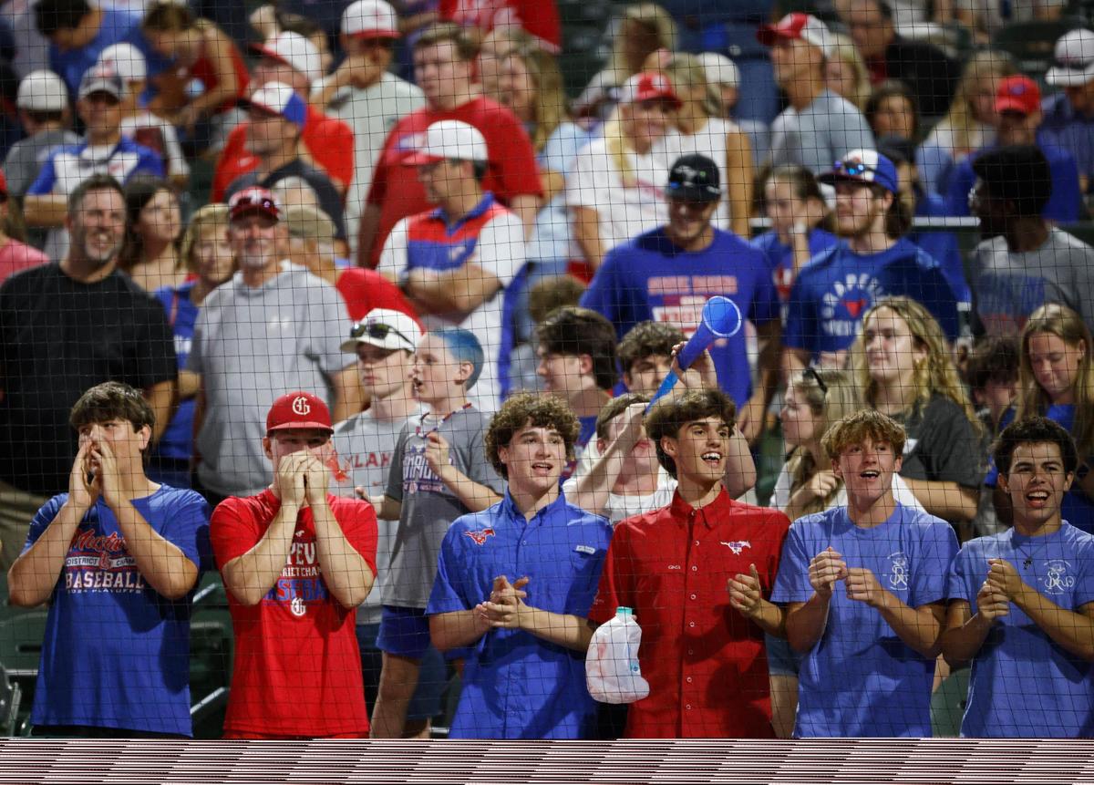 Mustang fans chant “Just like last year” during a UIL 5A D2 semifinal baseball game at Riders Park in Frisco, Texas, Friday, May 30, 2025.