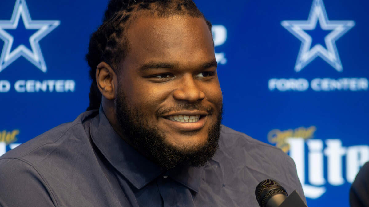 Defensive tackle Mazi Smith talks during a press conference at The Star, the Dallas Cowboys World Headquarters and practice facility in Frisco, Texas, on Friday, April 28, 2023. Smith was the Cowboys’ first pick of the 2023 NFL Draft.