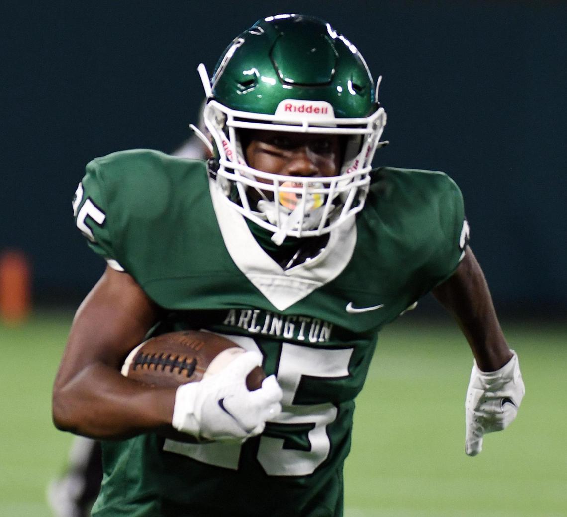Arlington’s Javen Hutton runs up the sideline for a first down against Mansfield in the second quarter of their football game Friday, September 25, 2020 at Globe Life Park in Arlington, Texas. Special/Bob Haynes