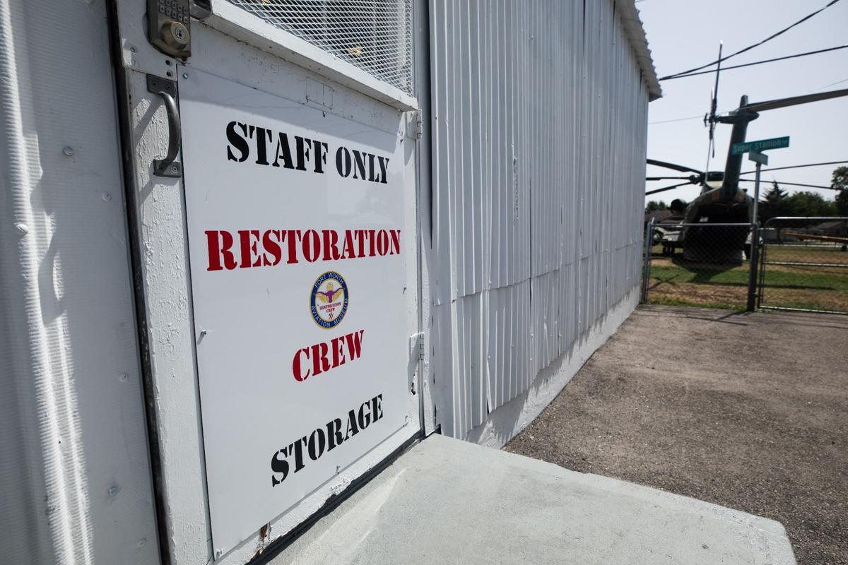 The main door to the restoration workshop where the Fort Worth Aviation Museum hold a variety of tools and parts to service planes on Thursday, August 1, 2024. Most volunteers and staff worked as military mechanics during their service.