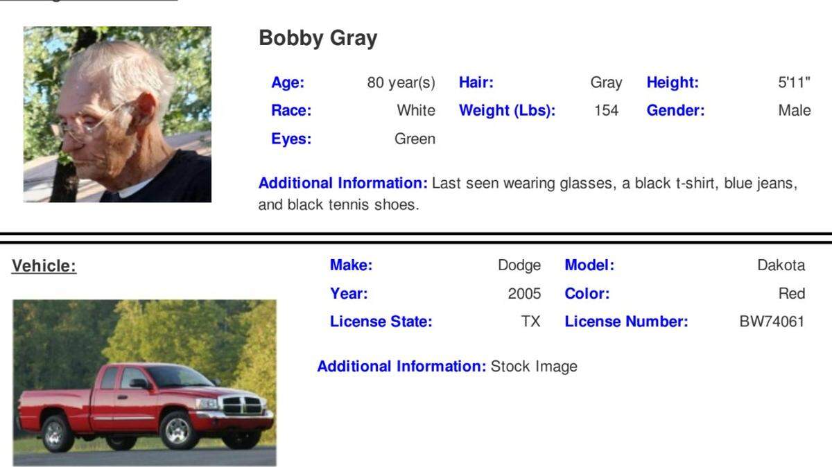 Azle police are looking for 80-year-old Bobby Gray, last seen in the 200 block of North Ash Street Tuesday afternoon.