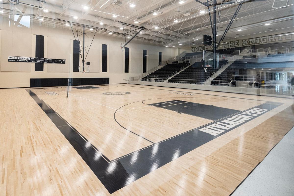 The basketball gym at the new Eagle Mountain High School.