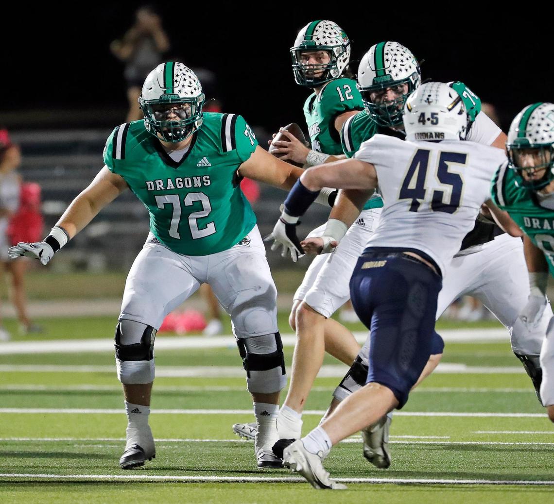 Southlake Carroll offensive lineman Jake Hall (72) protects the line in the second half of a District 4-6A high school football game at Dragon Stadium in Southlake, Texas, Friday, Oct. 07, 2022. Carroll defeated Keller 38-35. (Special to the Star-Telegram Bob Booth)