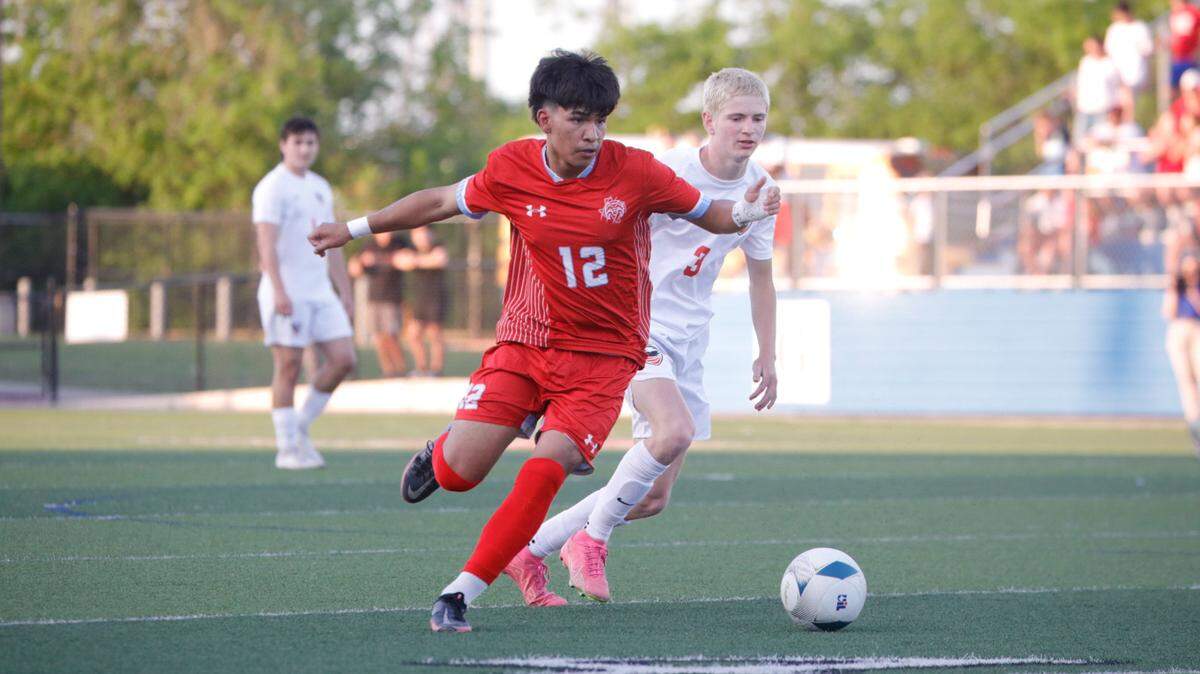 Castleberry senior forward Jose Chairez makes a play on the Salado defense in the UIL Class 4A Division 1 state championship soccer game at Birkelbach Field in Georgetown on Friday, April 10, 2025.