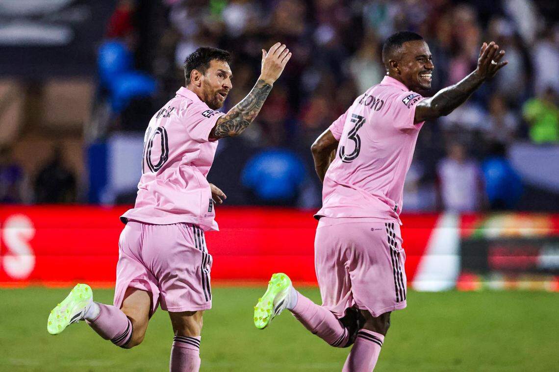 Inter Miami CF captain Lionel Messi (10) celebrates with his teammate Dixon Arroyo (3) after scoring a goal on a free kick to tie the game 4-4 at the end of the second half against FC Dallas during a Leagues Cup match at TOYOTA Stadium in Frisco, Texas on Sunday, Aug. 6, 2023.