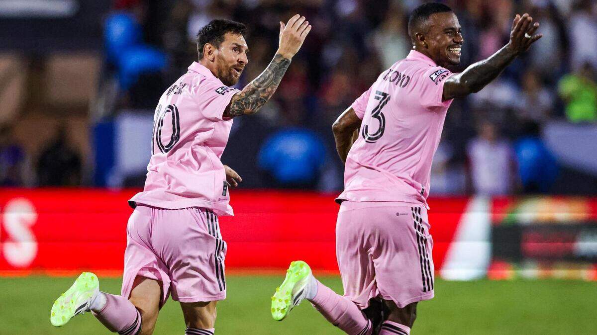Inter Miami CF captain Lionel Messi (10) celebrates with his teammate Dixon Arroyo (3) after scoring a goal on a free kick to tie the game 4-4 at the end of the second half against FC Dallas during a Leagues Cup match at TOYOTA Stadium in Frisco, Texas on Sunday, Aug. 6, 2023.