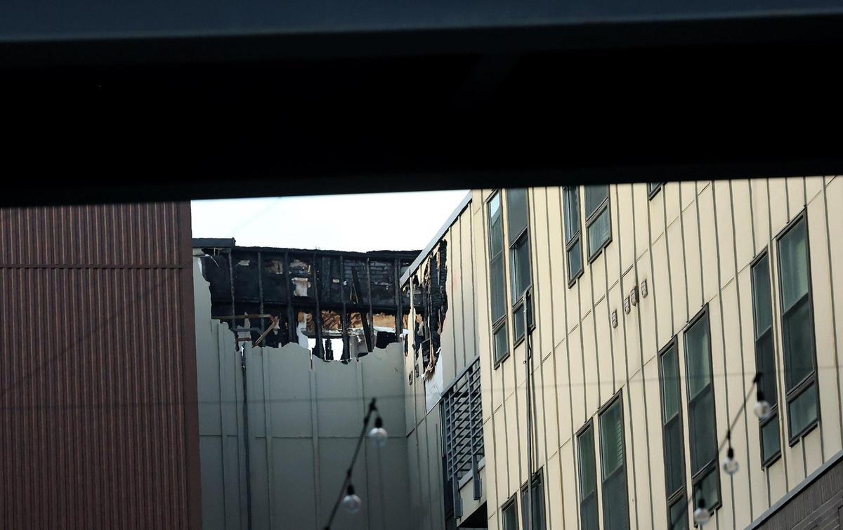 A section of fire damage can be seen at The Cooper apartments on Monday, July 7, 2025.