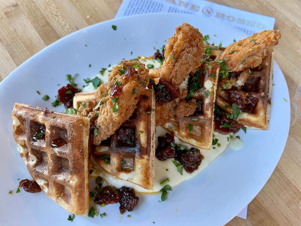 Chicken-and-waffles at Cane Rosso with bacon marmalade and habanero-honey.