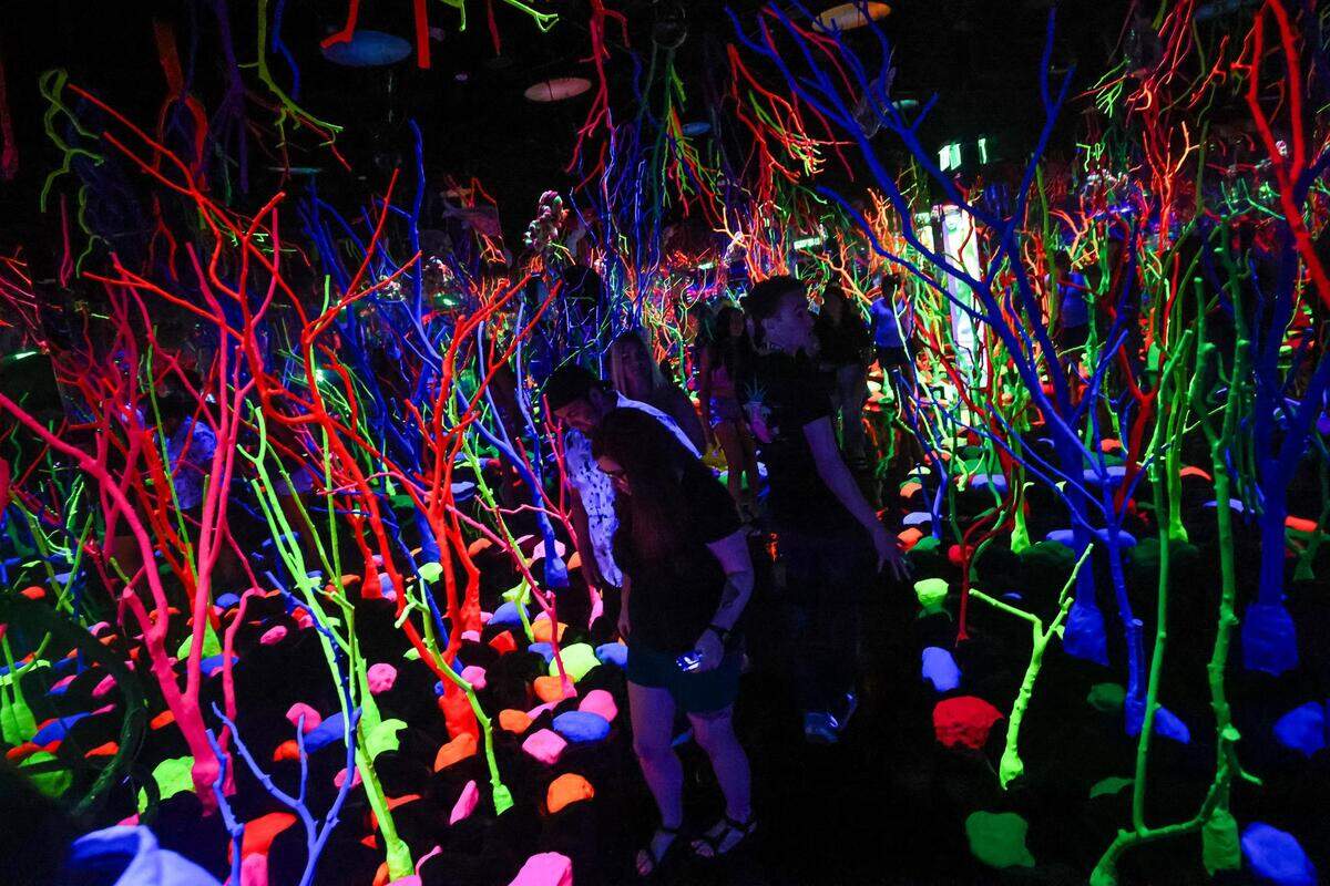 Exhibit attendees walk through the Glowquarium exhibit at the Meow Wolf Grapevine ‘The Real Unreal’ at the Grapevine Mills Shopping Mall in Grapevine, Texas on Thursday, July 20, 2023.