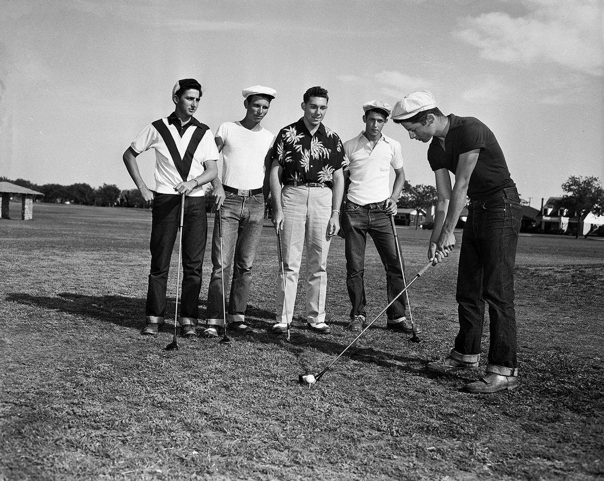 April 16, 1952: Paschal High School student Vance Minter is shown practicing while his teammates watch. From left, Rush Brader, Johnny Gipson, David Vandervoort and Walter Rainwater. They would compete in the regional golf meet in Stephenville later that week.