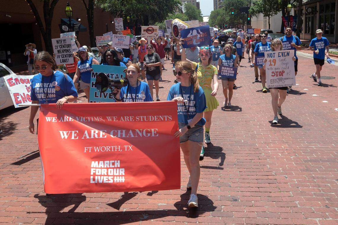 Students lead the front of the March for Our Lives walk across downtown Fort Worth, Texas, on Saturday, June 11, 2022. The march wrapped along several blocks, halting traffic as police guided the crowd.