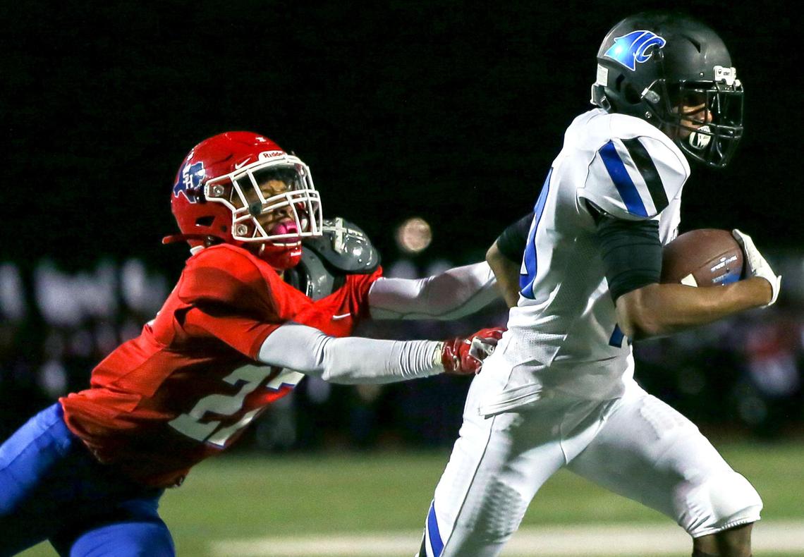 North Crowley running back Tariq Martin (10) get past Sam Houston defensive back Jayden Williams (27) during the first half, Thursday night, October 17, 2019 played at Wilemon Field in Arlington, TX.