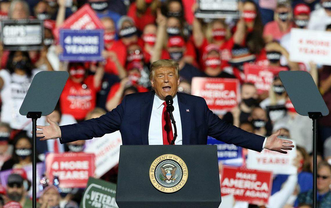 President Donald Trump speaks Wednesday evening, Oct. 21, 2020, as he held a rally outside under the stars at the Gastonia Municipal Airport on Gaston Day School Road.