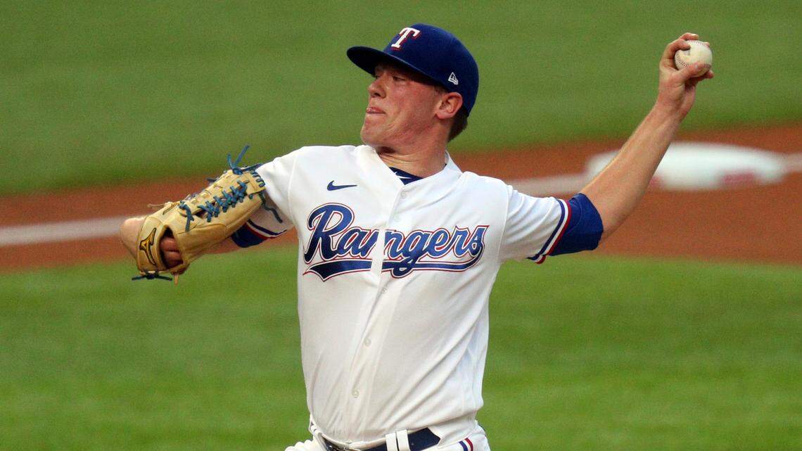 Texas Rangers pitcher Kolby Allard works the first inning in the second baseball game of a doubleheader against the Oakland Athletics on Saturday, Sept. 12, 2020, in Arlington, Texas. (AP Photo/Richard W. Rodriguez)