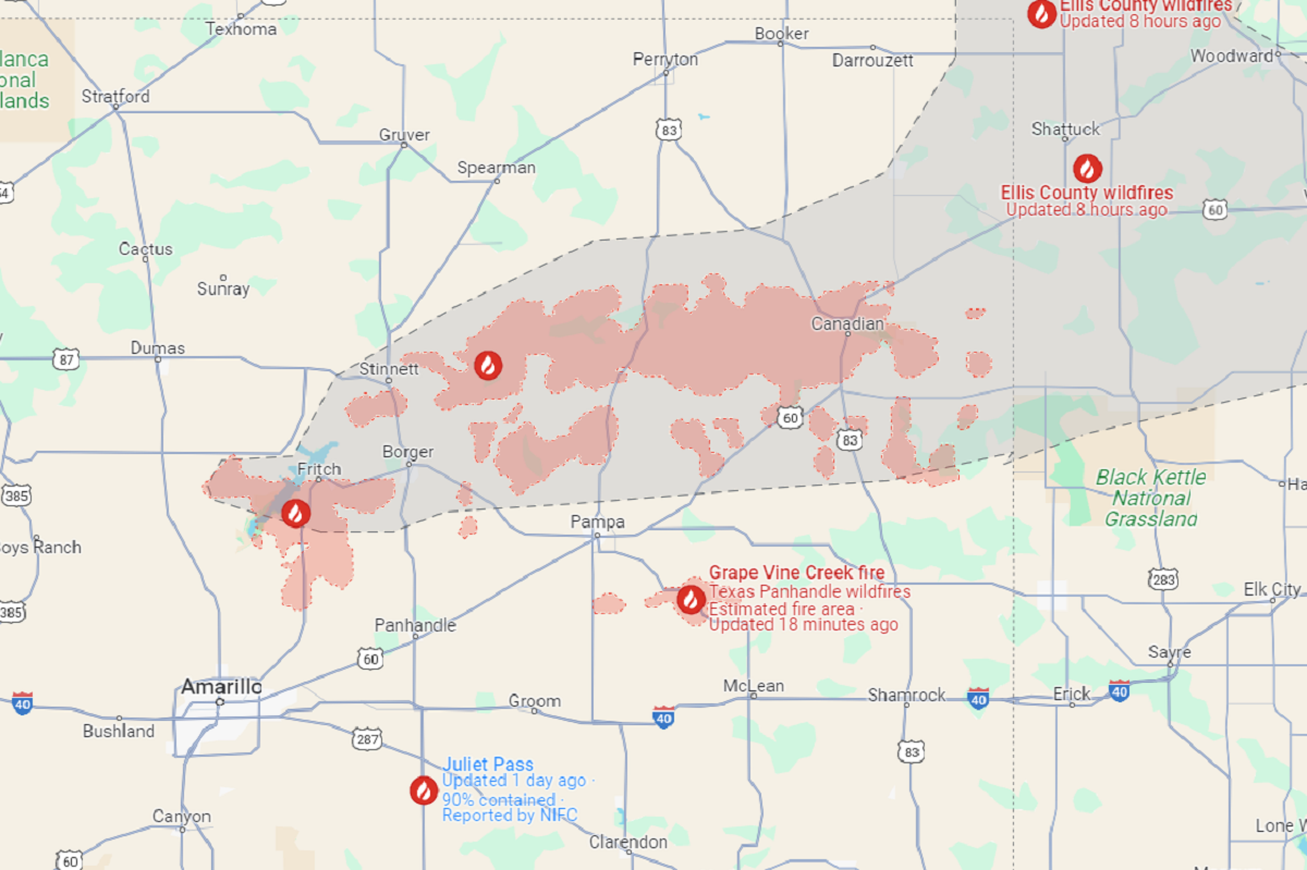 A map shows (in red) the wildfires northeast of Amarillo in the Texas Panhandle as of 5 a.m. on Wednesday, Feb. 28, 2024. The largest of the series of fires, called Smokehouse Creek, grew to over 1 million acres Wednesday afternoon and is the largest wildfire in Texas state history.